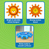 Three close-up images display the features of Skillmatics Spinny Gears — a bright orange lion gear showing adorable animal design, the strong suction base at the back of a gear, and a blue elephant gear attached securely to a tabletop. Text highlights “Bright & adorable animal designs,” “Strong suction bases,” and “Sticks easily to smooth surfaces.” Perfect for tactile, STEM-based play for toddlers.
