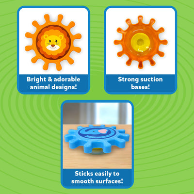 Three close-up images display the features of Skillmatics Spinny Gears — a bright orange lion gear showing adorable animal design, the strong suction base at the back of a gear, and a blue elephant gear attached securely to a tabletop. Text highlights “Bright & adorable animal designs,” “Strong suction bases,” and “Sticks easily to smooth surfaces.” Perfect for tactile, STEM-based play for toddlers.