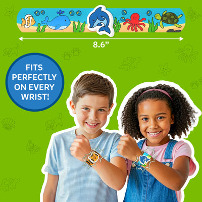 Two children wearing colorful animal-themed slap bracelets for DIY art and craft activity