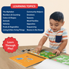 Interactive preschool learning book with educational topics and reusable stickers