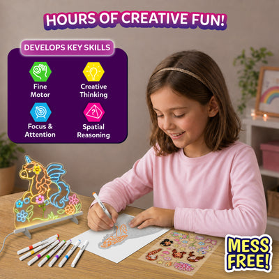 Skillmatics Light-Up Sketcher on a wooden table with a child tracing a princess design using neon markers. A glowing unicorn light board, marker set, stickers and artwork are shown, with graphics highlighting fine motor skills, creative thinking, focus, spatial reasoning, and mess-free play.