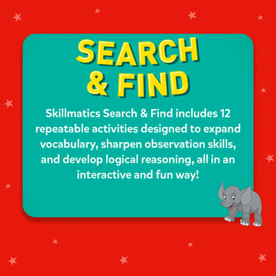 Teal Search & Find reusable activity mat with bright yellow lettering and cartoon elephant