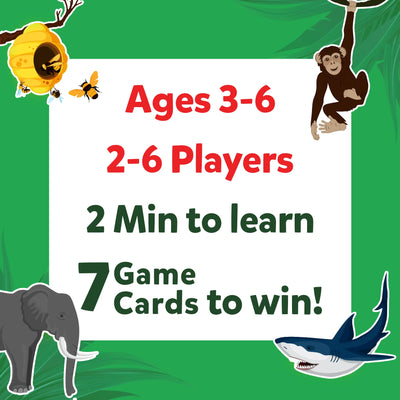 Board game showcasing age range, player count, learning time, and winning conditions for Guess in 10 Junior World of Animals