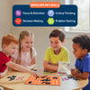 Four children are playing Skillmatics Boxed! The game board, featuring magnetic pieces and dots, is placed on the table in front of them. The children are focused, using their strategic thinking skills while placing magnetic pieces on the grid. Text at the top reads “Develops Key Skills,” highlighting Focus & Attention, Critical Thinking, Decision Making, and Problem Solving.
