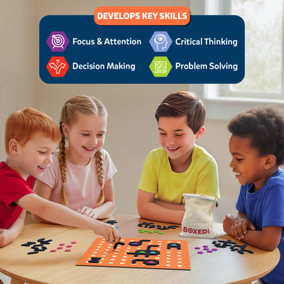 Four children are playing Skillmatics Boxed! The game board, featuring magnetic pieces and dots, is placed on the table in front of them. The children are focused, using their strategic thinking skills while placing magnetic pieces on the grid. Text at the top reads “Develops Key Skills,” highlighting Focus & Attention, Critical Thinking, Decision Making, and Problem Solving.