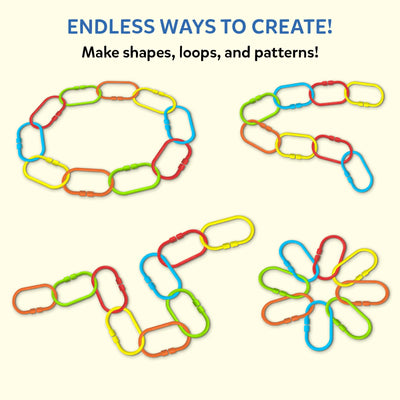 Multiple colorful plastic links arranged into different shapes on a light background, including loops, chains, abstract forms, and a flower-like pattern. Text at the top reads “Endless ways to create,” followed by “Make snakes, loops, shapes & more.” The image demonstrates how the same set of links can be connected to form varied creative designs.
