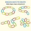 Multiple colorful plastic links arranged into different shapes on a light background, including loops, chains, abstract forms, and a flower-like pattern. Text at the top reads “Endless ways to create,” followed by “Make snakes, loops, shapes & more.” The image demonstrates how the same set of links can be connected to form varied creative designs.