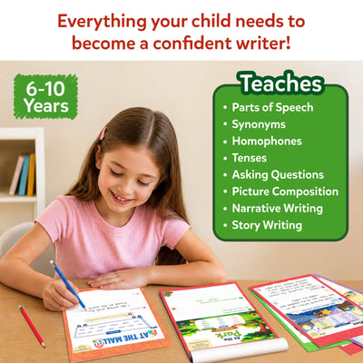 Smiling girl in purple top writes with a pencil at a wooden desk using Sentence Sprouts. Activity pages visible include At the Mall and At the Park themes. Green skills panel lists Creative Thinking, Writing, Reflective Thinking, and Reading and Comprehension. Age range shown: 6 to 10 years.