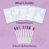 Paint-Over Art 'What's Inside' layout showing five magical themed outline art sheets arranged in a fan, alongside ten brush-tip paint markers in multiple colors. Soft purple background with title text and decorative patterns highlights kit contents for creative colouring activity.