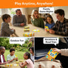 Three-panel image showing Skillmatics Family Banter being played in different settings. Top panel labeled Family Game Nights shows a family of five laughing around a dining table with cards and the game box. Bottom left labeled Outdoor Fun shows a family of three playing at a garden table. Bottom right labeled Vacations and Road Trips shows a hand packing the Family Banter box into a travel bag. Header reads Play Anytime, Anywhere.