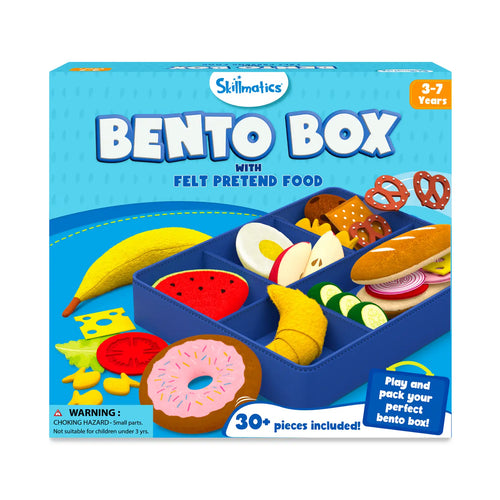 Blue toy bento box with colorful felt pretend food for kids ages 3 to 7