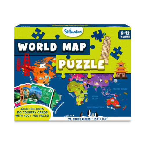 Skillmatics World Map Puzzle for ages 6-12 with 100 country cards and fun facts