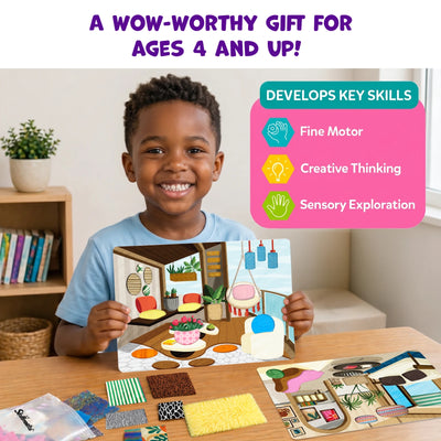 Smiling child holding a completed Fab Tabs room design board while seated at a table with fabric texture pieces and additional picture cards. A skills panel highlights fine motor development, creative thinking, and sensory exploration, presenting the activity as a gift for children ages 4 and up.