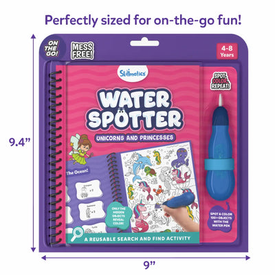 Skillmatics Water Spotter Unicorns and Princesses activity book shown in its packaging with labeled dimensions for portability. The spiral-bound book and refillable blue water pen are enclosed in a purple pack marked mess-free and on-the-go, designed for ages 4 to 8 years. Measurement arrows highlight the compact 9-inch width and 9.4-inch height for easy travel use.