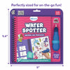 Skillmatics Water Spotter Unicorns and Princesses activity book shown in its packaging with labeled dimensions for portability. The spiral-bound book and refillable blue water pen are enclosed in a purple pack marked mess-free and on-the-go, designed for ages 4 to 8 years. Measurement arrows highlight the compact 9-inch width and 9.4-inch height for easy travel use.