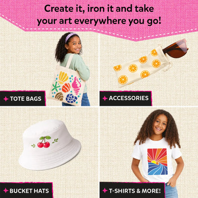 Four-panel image showcasing Iron-Its craft uses. Top-left: girl carries seashell-decorated canvas tote bag. Top-right: canvas pouch with orange slice prints holds sunglasses. Bottom-left: white bucket hat with cherry iron-on. Bottom-right: girl wears sunset-print t-shirt. Text: Create it, iron it, take your art everywhere you go!