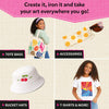 Four-panel image showcasing Iron-Its craft uses. Top-left: girl carries seashell-decorated canvas tote bag. Top-right: canvas pouch with orange slice prints holds sunglasses. Bottom-left: white bucket hat with cherry iron-on. Bottom-right: girl wears sunset-print t-shirt. Text: Create it, iron it, take your art everywhere you go!