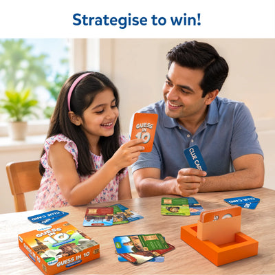 Family playing Guess in 10 Wonders of India trivia card game for children and adults
