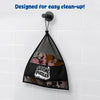 A black mesh storage bag labeled 