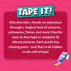 A vibrant pink background with the Skillmatics Tape It! logo and a description of the Unicorns & Princesses puzzle game. The text invites kids into a magical adventure filled with unicorns, princesses, fairies, and more, using easy-to-tear tape to complete 16 vibrant puzzles. Missing pieces from the puzzles are hidden on the roll of tape, offering a fun, hands-on learning experience with beautiful fairytale imagery.