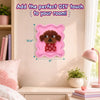 Styled interior room scene showing a finished Stixels puppy wall décor mounted on a beige wall inside a pink framed base. Text reads ‘Add the perfect DIY touch to your room!’ with dimension markers 10.6” height and 9” width, highlighting compact decorative 3D craft for kids’ rooms.