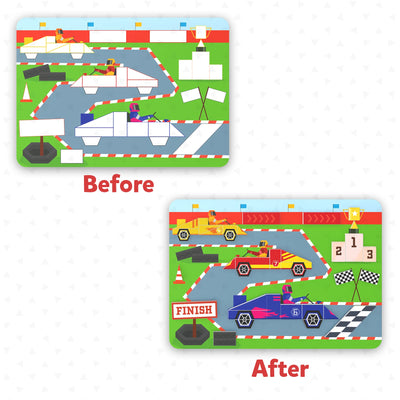 Two-part puzzle set of a race track scene with cars, finish line, and winner’s podium