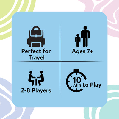 Feature overview graphic for Skillmatics Cross Over displayed in a four-panel layout. Icons highlight travel-friendly portability, suitability for ages 7 and above, support for 2–8 players, and quick 10-minute gameplay. Soft pastel contour patterns decorate the background around the information panel.