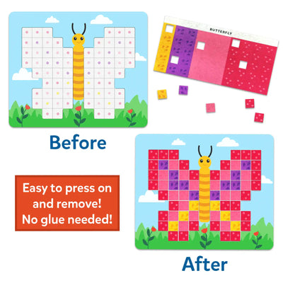Two butterfly activity boards showing the craft process. The “Before” board displays empty grid spaces with colored guide dots and loose felt squares beside a labeled felt sheet. The “After” board shows the butterfly fully completed with colorful felt tiles. A caption highlights “Easy to press on and remove! No glue needed!”