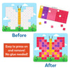 Two butterfly activity boards showing the craft process. The “Before” board displays empty grid spaces with colored guide dots and loose felt squares beside a labeled felt sheet. The “After” board shows the butterfly fully completed with colorful felt tiles. A caption highlights “Easy to press on and remove! No glue needed!”