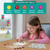 A young child sits at a wooden table near a window, smiling while coloring a sticker sheet with paint markers. Transparent fantasy-themed clings are visible on the window beside her. A banner above reads “Develops Key Skills” with icons labeled Creative Thinking, Reflective Thinking, Fine Motor, Focus & Attention, and Spatial Reasoning, emphasizing learning benefits alongside hands-on creative play.