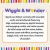 Wiggle & Wonder product graphic on a beige background with colorful border accents. Text describes wearable socks and wristbands with high-contrast patterns, playful textures, crinkle and rattle sounds, and cause-and-effect sensory play that supports baby development.