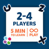 Skillmatics Boxed! game promotional image showing its core features. The text highlights “2-4 Players,” “5 Min to Learn,” and “Infinite Play,” along with symbols and icons representing the game’s colourful magnetic dots and pieces. The image includes a magnetic board, pieces in purple, blue, pink, and green, emphasizing its ease of learning and endless fun.
