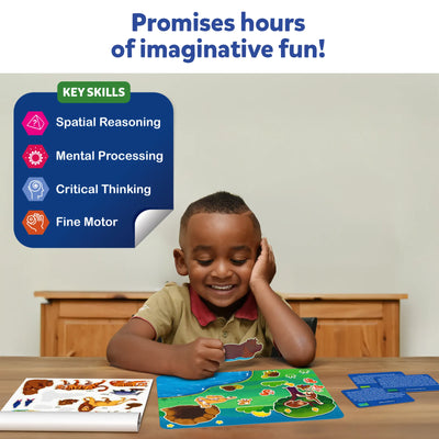 Young child playing with colorful Sticker Stories Animals Adventures Educational Puzzle Kit