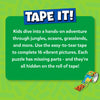 Bright green background with the Skillmatics Tape It! logo and descriptive text explaining the game: kids explore jungles, oceans, and grasslands using easy-to-tear tape to complete 16 vibrant puzzles with missing parts hidden on the tape roll. A colourful tape roll featuring animal illustrations like lions, monkeys, and frogs lies diagonally at the bottom right corner.