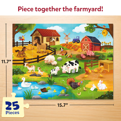 Completed 25-piece Skillmatics All About Farm Animals puzzle measuring 15.7 x 11.7 inches, featuring a bright farm scene with a barn, horse, cow, sheep, pigs, ducks, rabbits, chickens, turkey, pond, windmill and tractor. Designed for children aged 3–7 years.