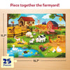 Completed 25-piece Skillmatics All About Farm Animals puzzle measuring 15.7 x 11.7 inches, featuring a bright farm scene with a barn, horse, cow, sheep, pigs, ducks, rabbits, chickens, turkey, pond, windmill and tractor. Designed for children aged 3–7 years.