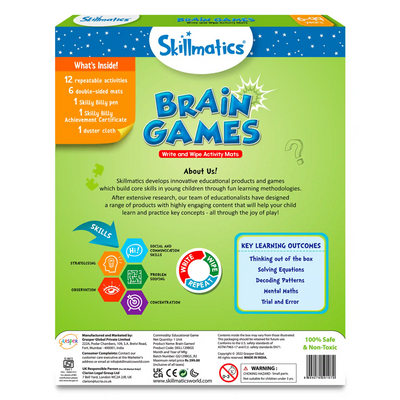 Skillmatics Brain Games rectangular box with blue top green bottom showing contents and info