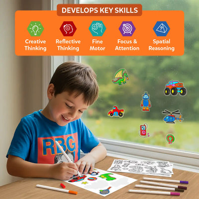 A young child sits at a wooden table near a window, smiling while coloring transparent stickers using paint markers. The window displays finished static clings such as vehicles, robots, dinosaurs, and sports items. An orange banner reads “DEVELOPS KEY SKILLS” with icons for Creative Thinking, Reflective Thinking, Fine Motor, Focus & Attention, and Spatial Reasoning, highlighting learning benefits.
