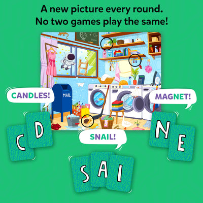 A bright green graphic explains changing gameplay with the text “New letters every round. No two games play the same!” At the center is a detailed illustrated laundry room scene. Several items are circled to highlight hidden objects. Speech bubbles point out examples such as “Candles,” “Magnet,” and “Snail.” Green patterned letter cards labeled C, D, N, E, S, A, and I surround the image, showing how different letters drive new answers each round.