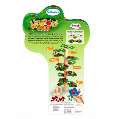 Newton’s Tree STEM toy for ages 6+ showing a balance game with tree branches, weighted apples, and game cards