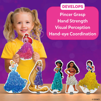A girl showing off all her six completed Disney princesses she can display at home and play with