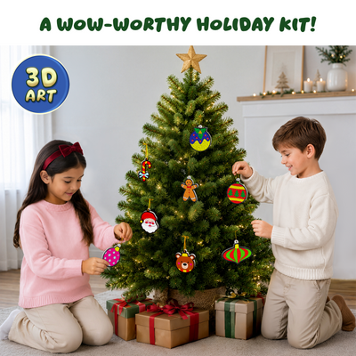 Lifestyle image of two children decorating a Christmas tree with Skillmatics Aqua Puffs 3D art ornaments. The children hang colourful handmade decorations including Santa, candy cane, bauble, teddy bear, and striped ornaments on a lit Christmas tree surrounded by wrapped gifts in a festive indoor setting.