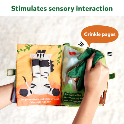 Open fabric baby book with interactive elements and crinkle pages from Peek-A-Boo Jungle Theme