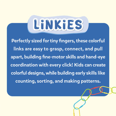 A graphic panel titled “Linkies” features a blue text box explaining the toy’s benefits. The text describes links sized for tiny fingers that are easy to grasp, connect, and pull apart, helping develop fine motor skills and hand-eye coordination. A partial chain of colorful links appears at the bottom corner on a light background.