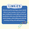 A graphic panel titled “Linkies” features a blue text box explaining the toy’s benefits. The text describes links sized for tiny fingers that are easy to grasp, connect, and pull apart, helping develop fine motor skills and hand-eye coordination. A partial chain of colorful links appears at the bottom corner on a light background.