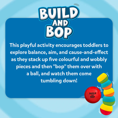 The Build And Bop logo appears at the top of a rounded blue text box on a light blue swirl background. The text explains that toddlers can explore balance, aim, and cause-and-effect by stacking five colourful, wobbly pieces and knocking them down with a soft ball. At the bottom right, an illustration shows the red Build And Bop ball beside a leaning stack of wobbly pieces, with motion lines indicating tipping.
