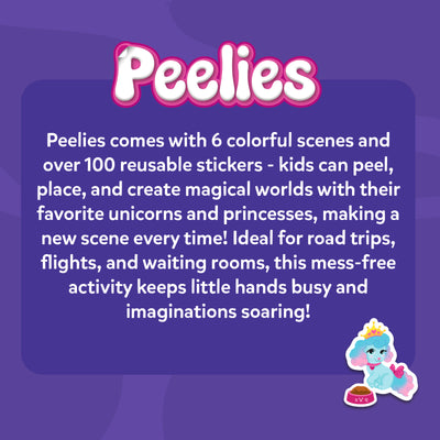Skillmatics Peelies Unicorns and Princesses product description on a purple background. A rounded dark purple rectangle displays white text explaining that Peelies includes 6 colorful scenes and over 100 reusable stickers for creating magical worlds with unicorns and princesses. Described as ideal for road trips, flights, and waiting rooms. Bottom right corner shows a cute blue poodle with a crown and food bowl sticker.