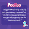 Skillmatics Peelies Unicorns and Princesses product description on a purple background. A rounded dark purple rectangle displays white text explaining that Peelies includes 6 colorful scenes and over 100 reusable stickers for creating magical worlds with unicorns and princesses. Described as ideal for road trips, flights, and waiting rooms. Bottom right corner shows a cute blue poodle with a crown and food bowl sticker.