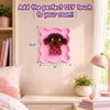 Styled interior room scene showing a finished Stixels puppy wall décor mounted on a beige wall inside a pink framed base. Text reads ‘Add the perfect DIY touch to your room!’ with dimension markers 10.6” height and 9” width, highlighting compact decorative 3D craft for kids’ rooms.