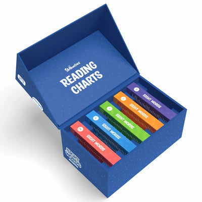 Blue box with five colorful Sight Words card sets for ages 4-9 in Flash Cards Sight Words product